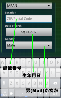 郵便番号、生年月日、男女を選択