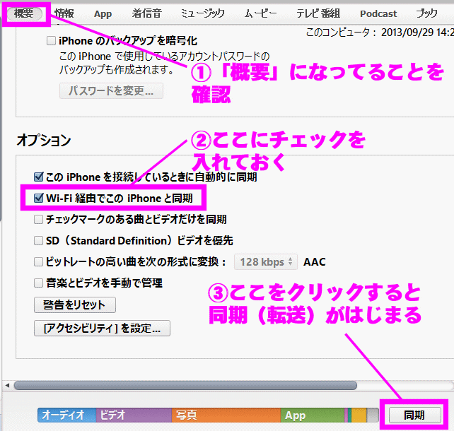 Wi-Fi経由でこのiPhoneと同期にチェック